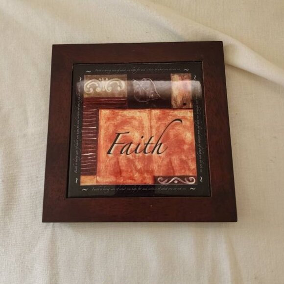 8" Square Faith Ceramic Tile Wall Plaque Brown Wood Frame Warm Colors - Picture 1 of 10